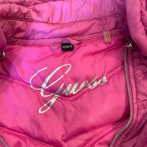 GUESS Pink Quilted Women’s Puffer Zip-Up Jacket Silver Heart Detail Size XL - Picture 6 of 12